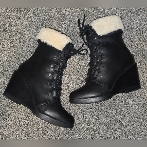 Sorel After Hours Lace Up Shearling Leather Wedge Boots  Women's Size 7 Black - Picture 6 of 10